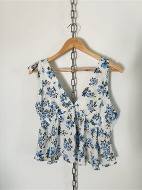 Floral Blue & White Tie Strap Fairy Tank Top